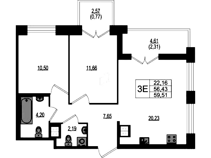2-комнатная квартира 59.51 м², 2/4 эт., ЖК «Ranta Residence»